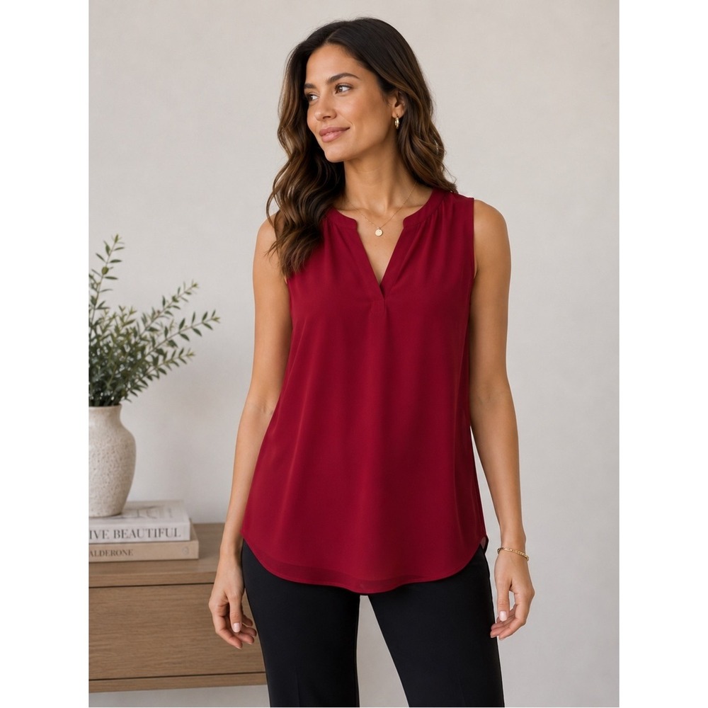 LOFT Outlet Sleeveless Blouse Womens Small Burgundy Rayon Mixed Media V-Neck Top